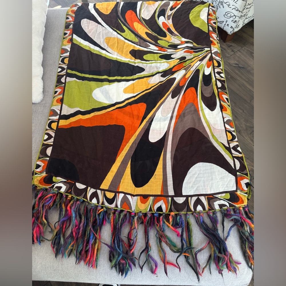 EMILIO PUCCI Silk Sheer Multi Colored Abstract Wrap w/ Fringe Detail